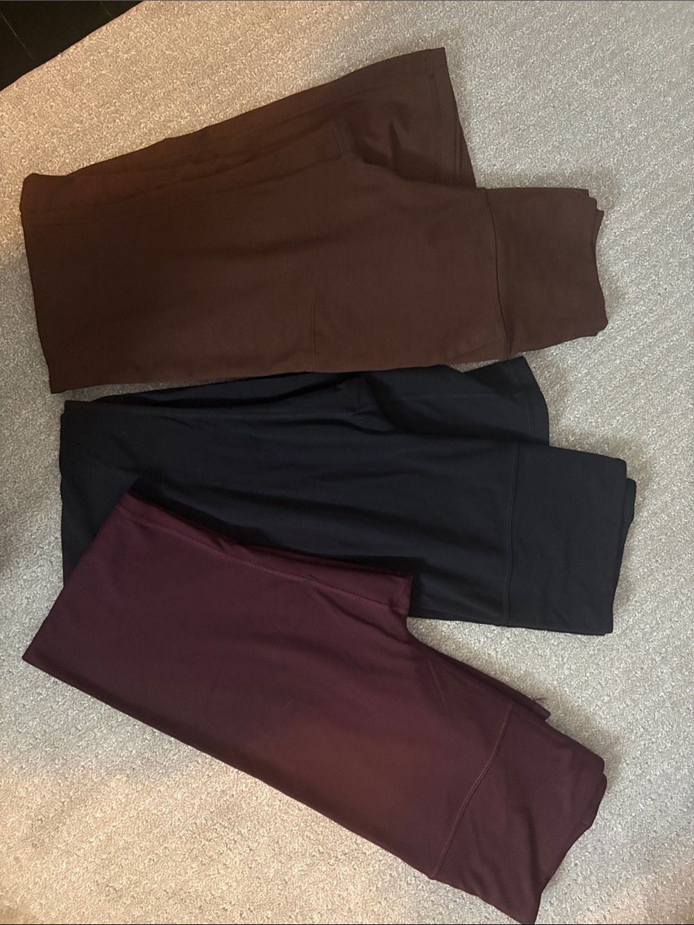 Athleta Three-Pack Leggings in Brown, Black & Burgundy